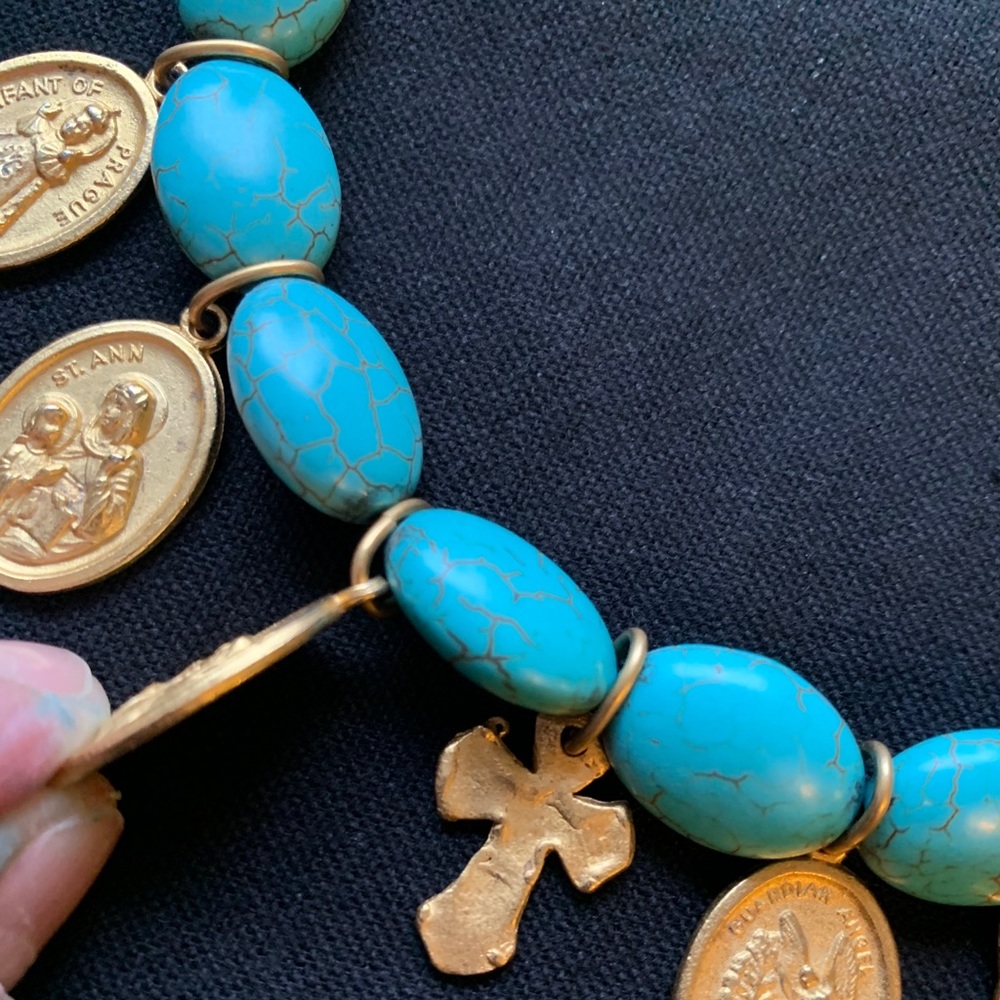 Turquoise and Gold Religious Medal Charm Necklace - Picture 10 of 11